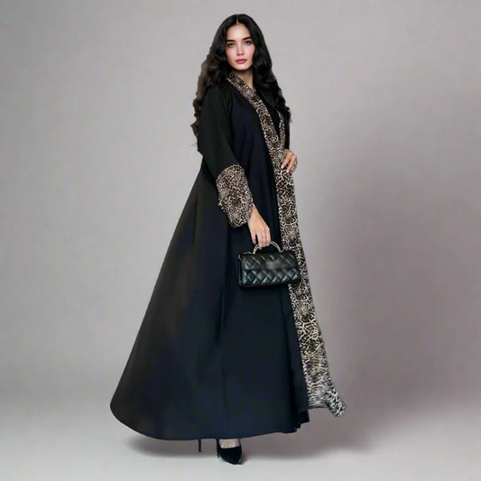 Robe abaya ouverte en cardigan imprimé léopard avec hijab assorti #25194
