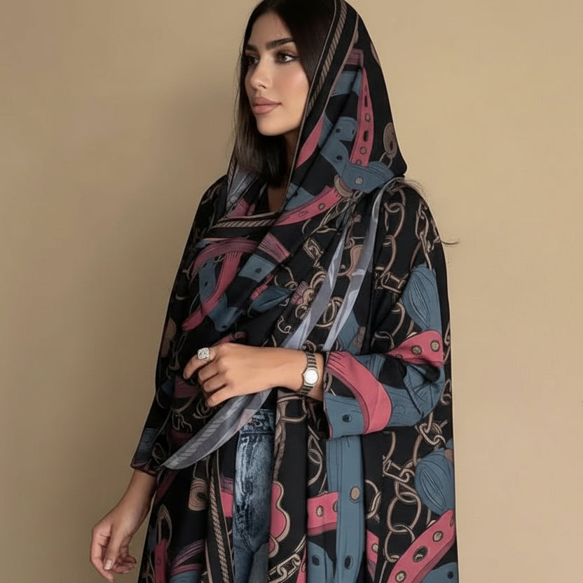 Printed Cardigan Open Abaya Dress With Matching Hijab For Muslim Women #25234