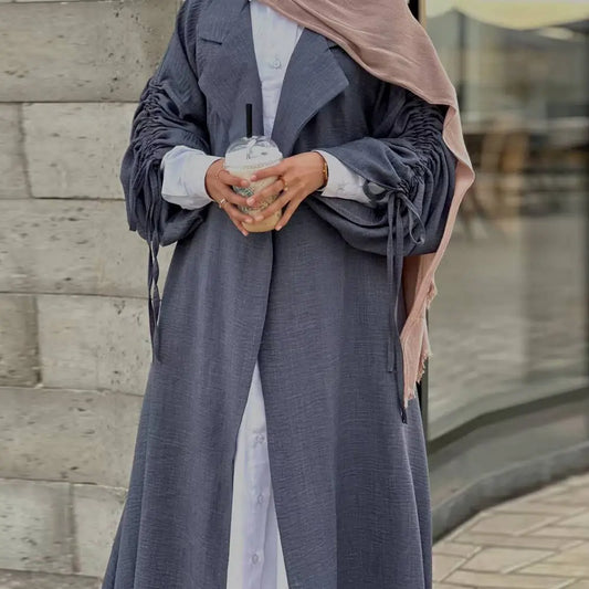 Muslim Women Tailored Collar Open Abaya Dress #251097