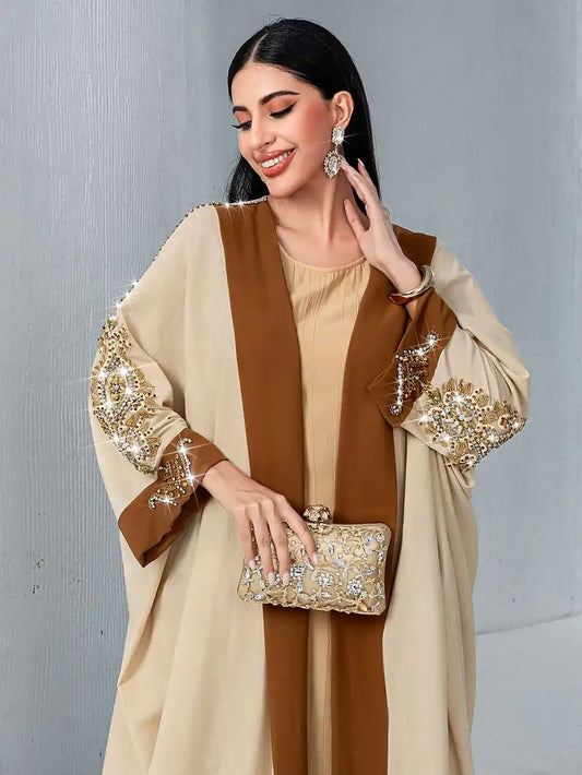 Robe Abaya ouverte brodée de strass cousue à la main #255032