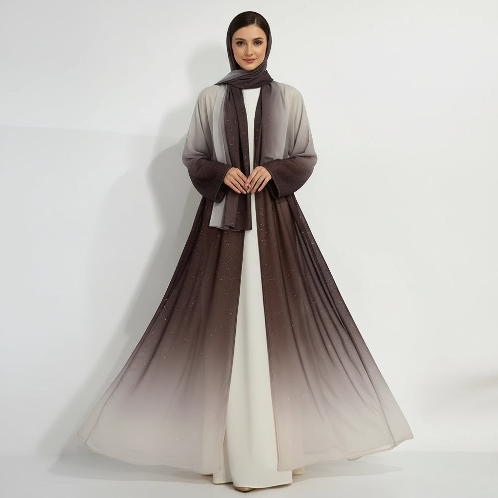 Robe abaya ouverte à paillettes dégradées avec hijab assorti #25797