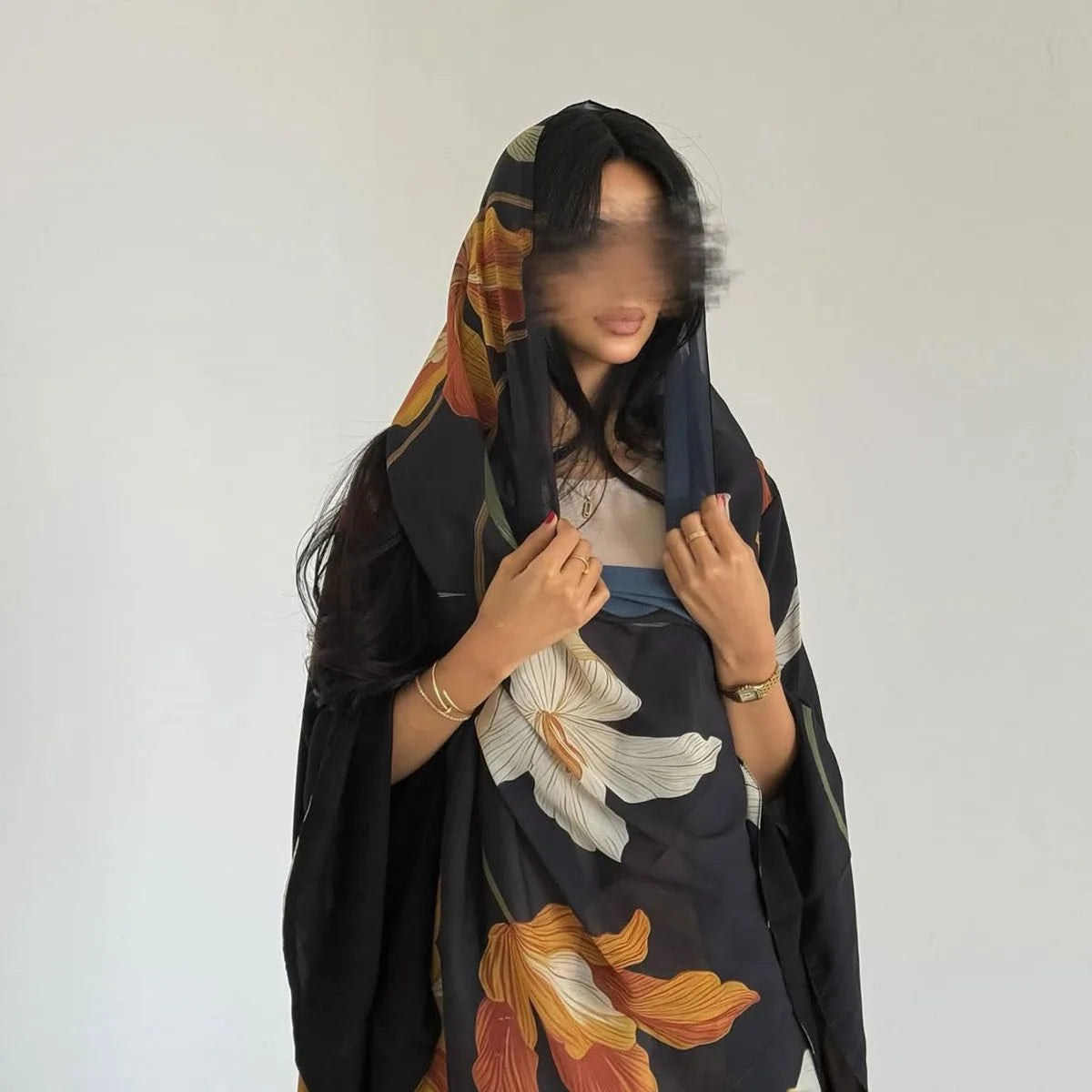 With Matching Hijab Printed Cardigan Open Abaya Dress For Muslim Women #25238