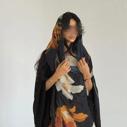 With Matching Hijab Printed Cardigan Open Abaya Dress For Muslim Women #25238