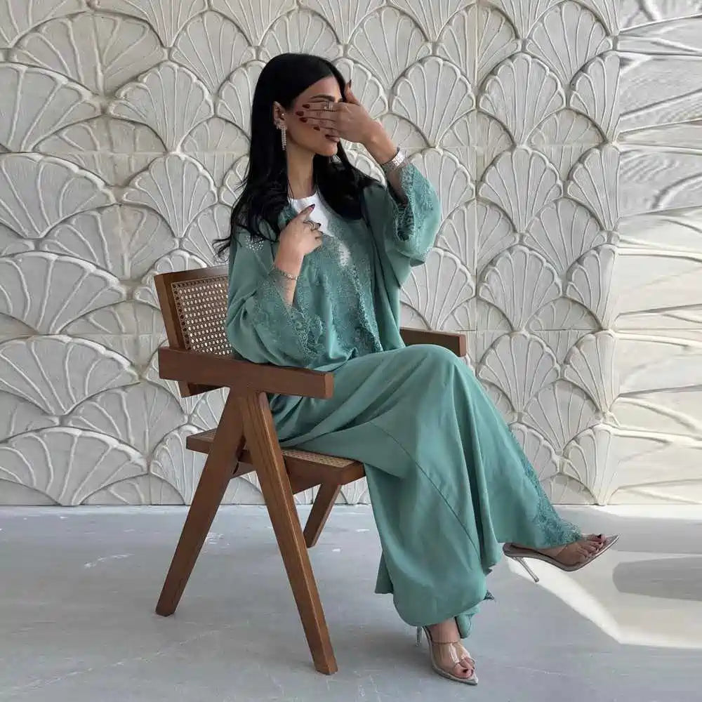 Robe Abaya ouverte en dentelle avec cardigan #25214