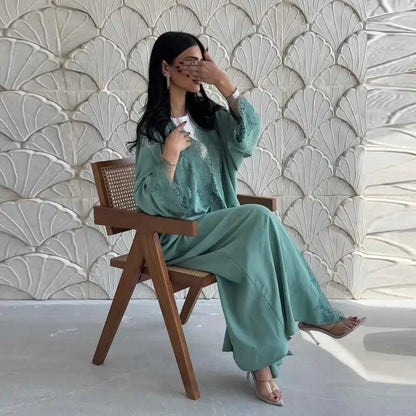 Robe Abaya ouverte en dentelle avec cardigan #25214