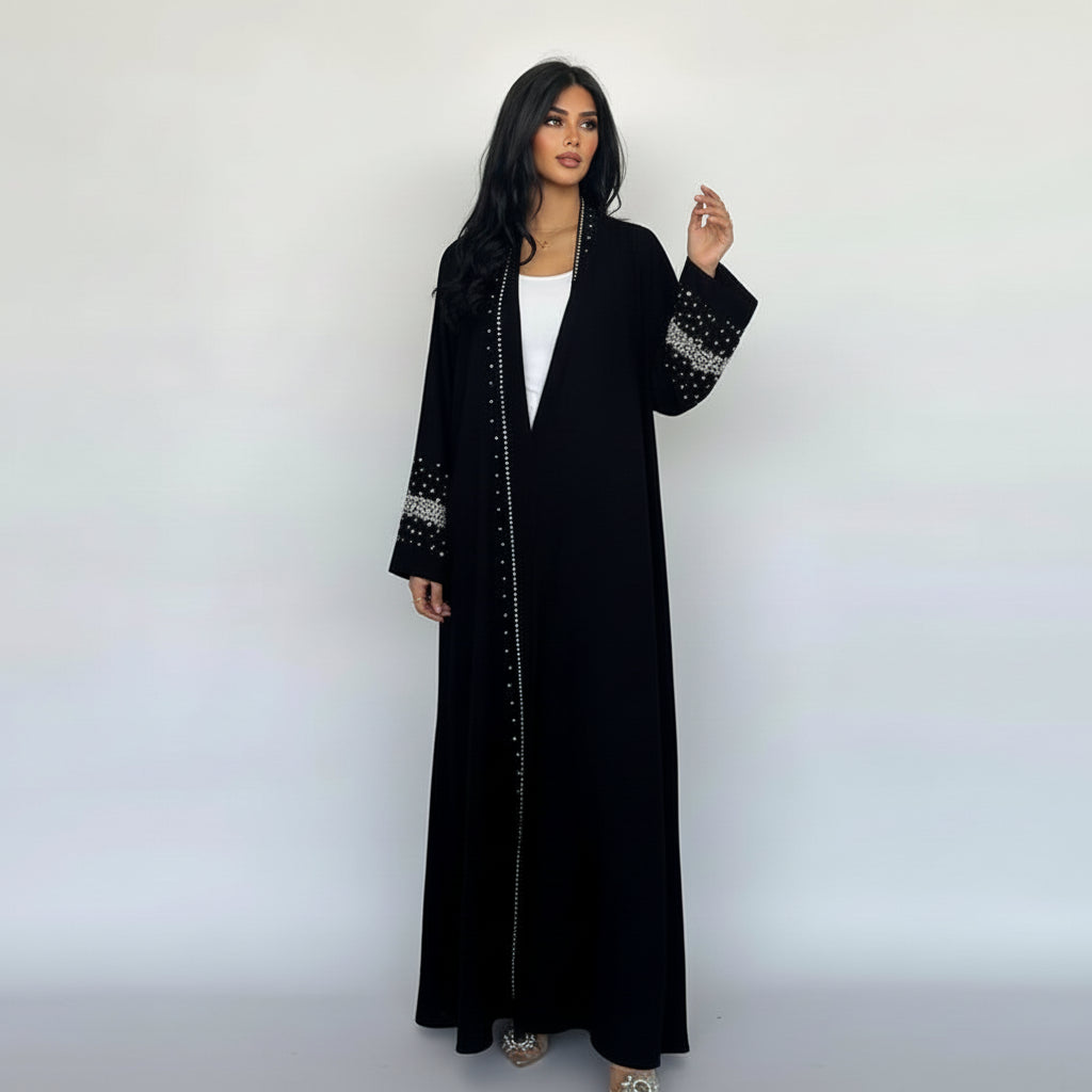 Avec Hijab Hotfix Strass Perles Cardigan Ouvert Robe Abaya
