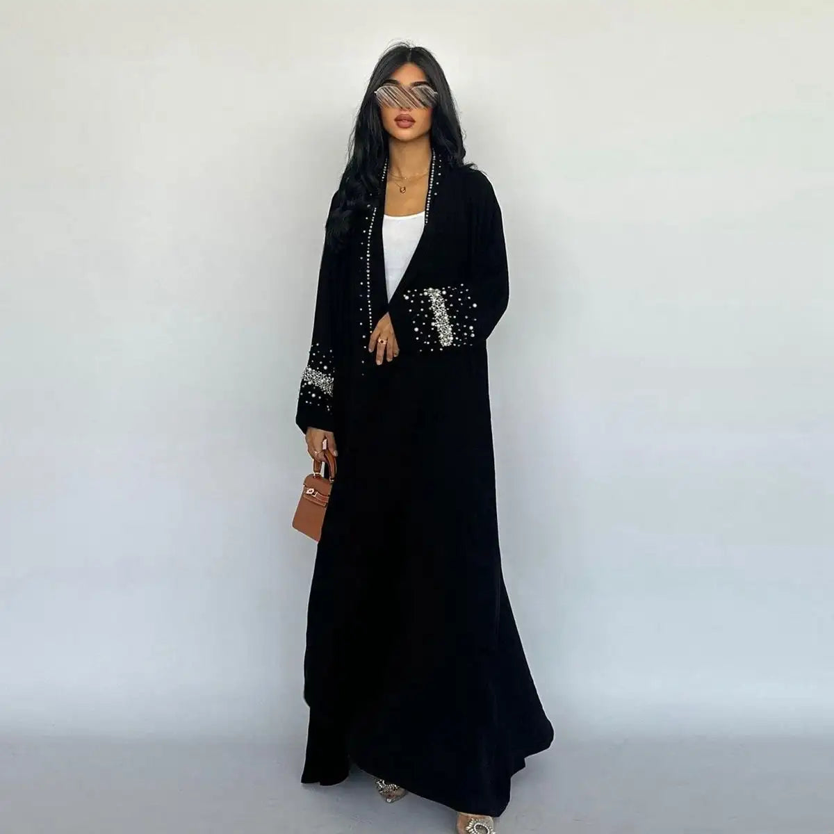 Avec Hijab Hotfix Strass Perles Cardigan Ouvert Robe Abaya