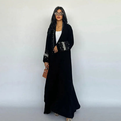 Avec Hijab Hotfix Strass Perles Cardigan Ouvert Robe Abaya