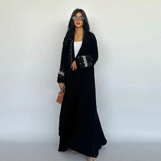 Avec Hijab Hotfix Strass Perles Cardigan Ouvert Robe Abaya