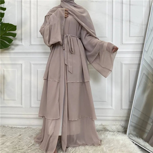 Robe abaya ouverte en mousseline de soie abricot à trois couches #25C1896