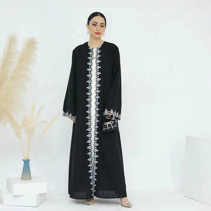 Robe Abaya ouverte en cardigan Nida brodé de fleurs #24909