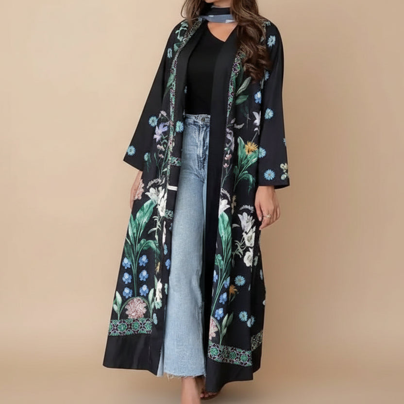 Printed Cardigan Open Abaya Dress With Matching Hijab For Muslim Women #25236