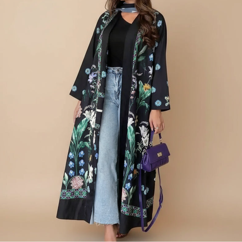 Printed Cardigan Open Abaya Dress With Matching Hijab For Muslim Women #25236