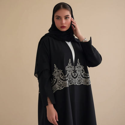 Muslim Women Islamic Applique Embroidery Cardigan Open Abaya Dress #25247