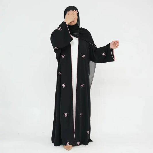 Robe Abaya ouverte avec cardigan brodé et nœud #241910