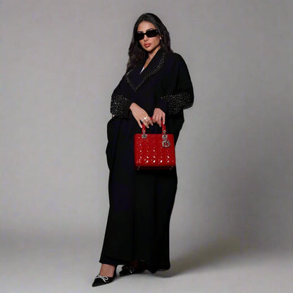 Robe abaya ouverte avec cardigan en strass Hotfix - Noir - #25206