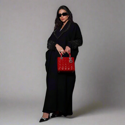 Robe abaya ouverte avec cardigan en strass Hotfix - Noir - #25206