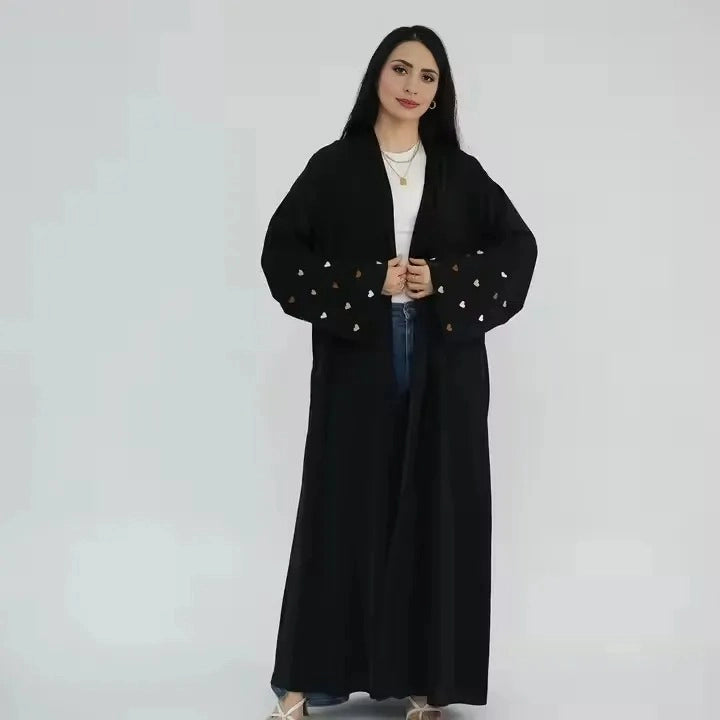 Robe Abaya ouverte avec cardigan Nida brodé en forme de cœur pour femmes musulmanes