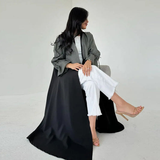 Robe Abaya ouverte en cardigan - Poignets ceinturés - Noir
