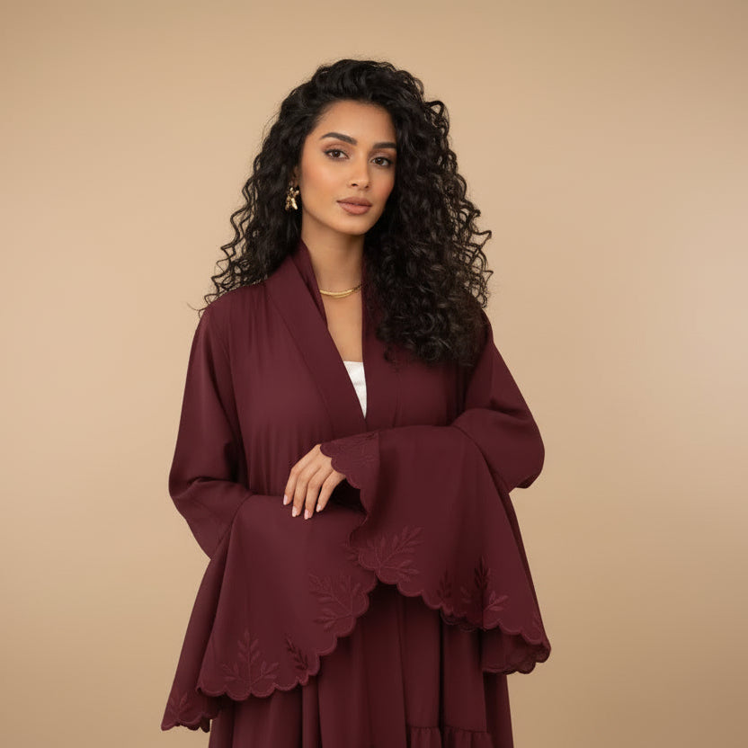 Embroidery Flare Sleeve Cardigan Open Abaya Dress #25232