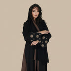 Robe Abaya ouverte en cardigan - Fleur brodée - Marron - #25187