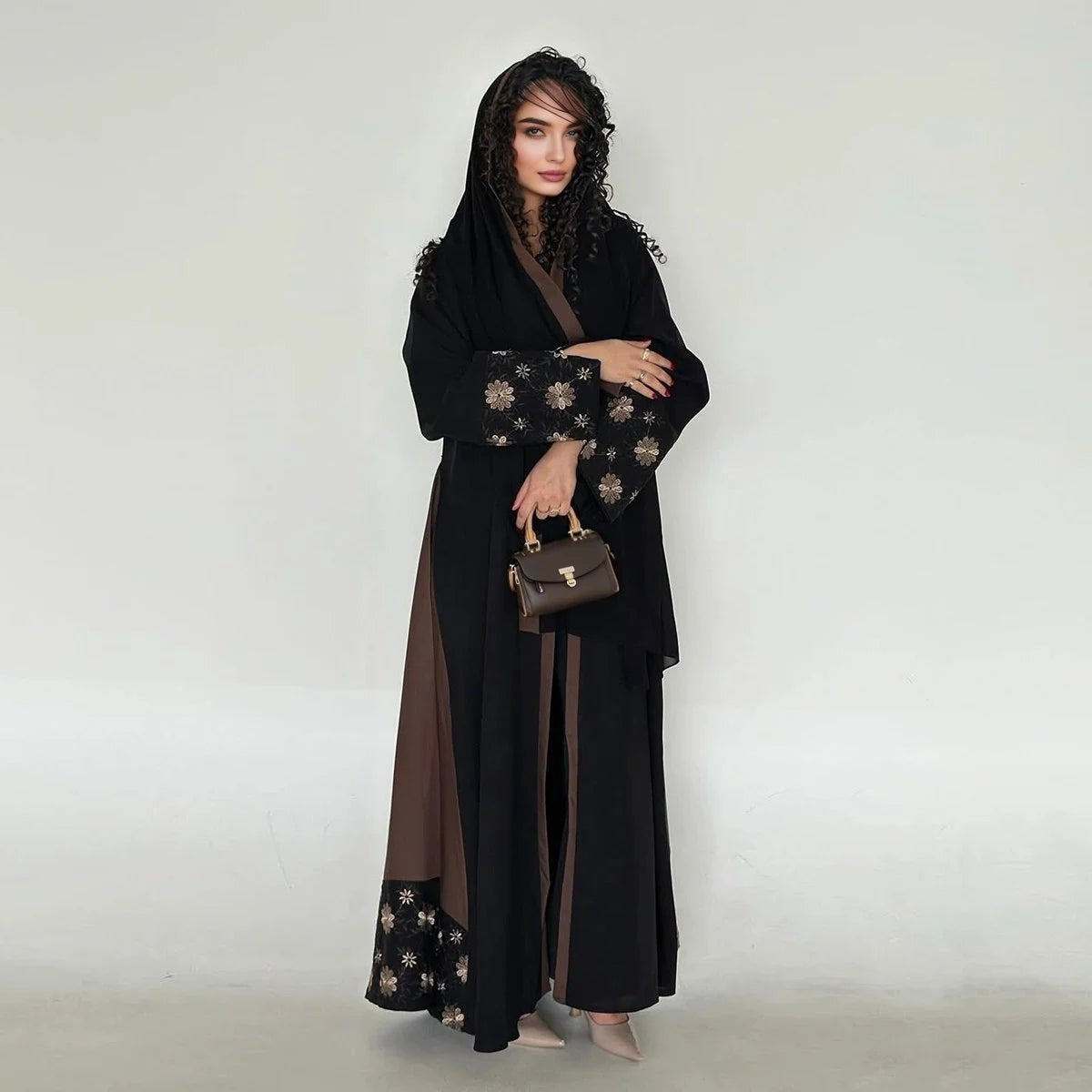 Robe Abaya ouverte en cardigan - Fleur brodée - Marron - #25187