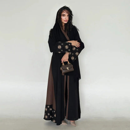Robe Abaya ouverte en cardigan - Fleur brodée - Marron - #25187