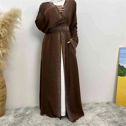 Robe Abaya ouverte Nida avec poche et strass Hotfix