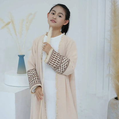 Arab Muslim Mother And Daughter Girl Matching Embroidery Tassel Sleeve Cardigan Open Abaya Dress