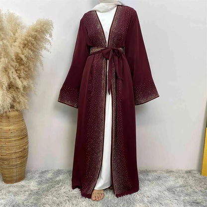 Robe Abaya ouverte Nida avec poche et strass Hotfix