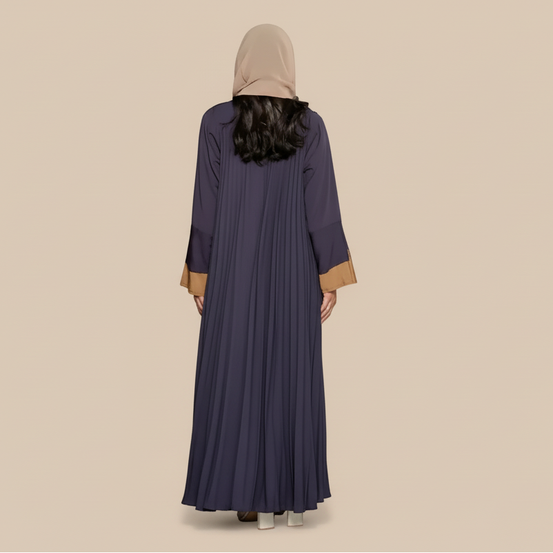 Robe Abaya ouverte pour femme - Plissée - Satin velours - Gris - #25171