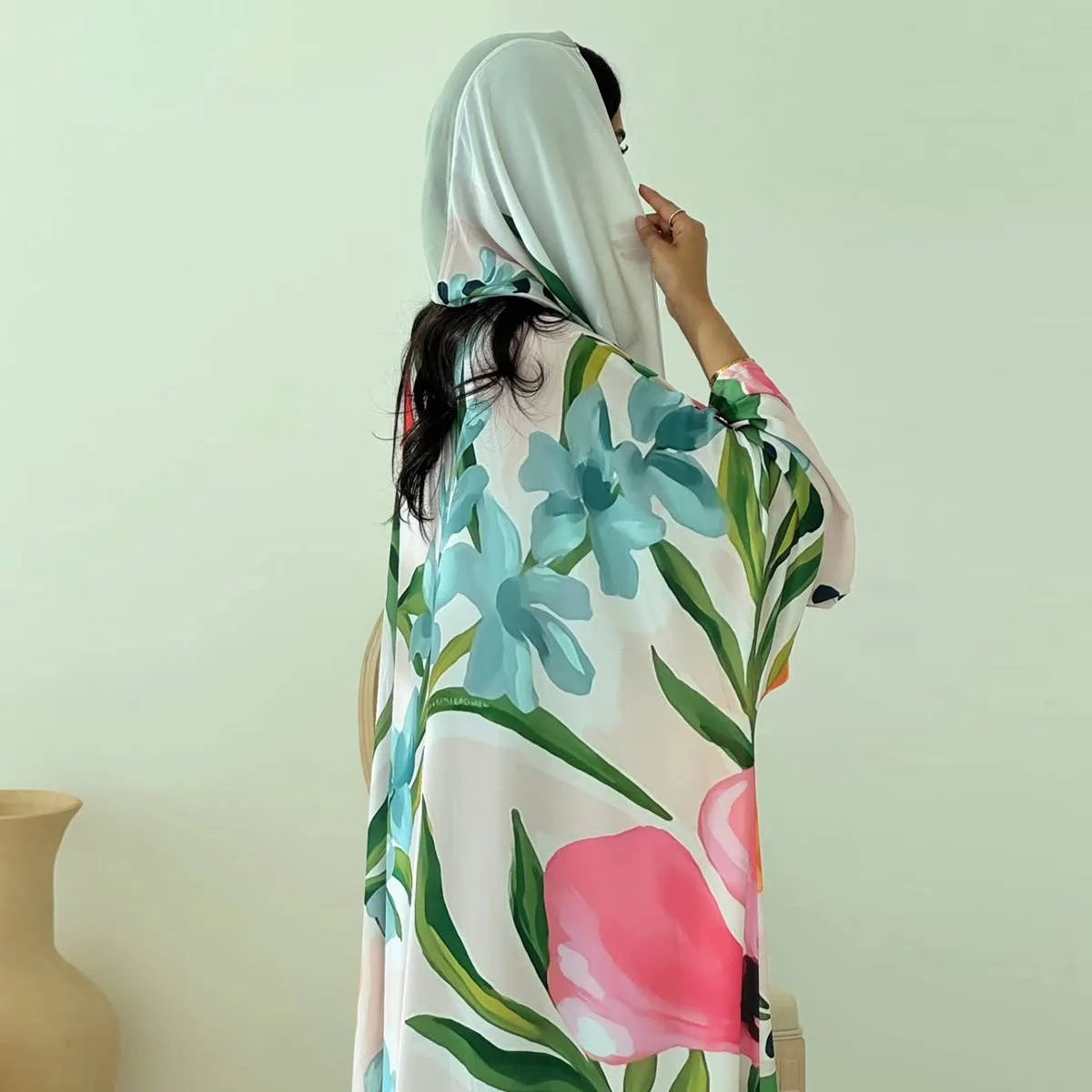 With Matching Hijab Muslim Women Printed Open Abaya Dress #25244