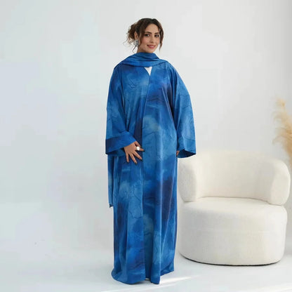 Muslim Women Printed Open Abaya Dress With Matching Hijab #251158