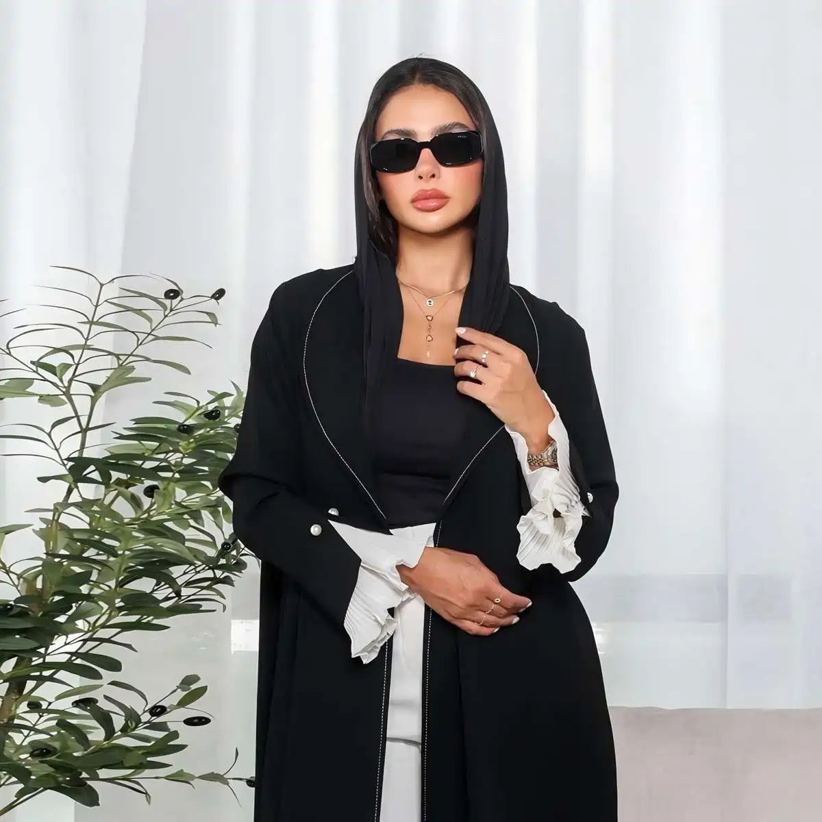 Cardigan Open Abaya Dress - Pleated Sleeve - Black - #25170