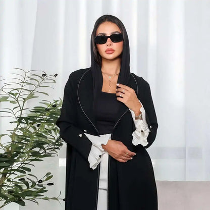 Cardigan Open Abaya Dress - Pleated Sleeve - Black - #25170