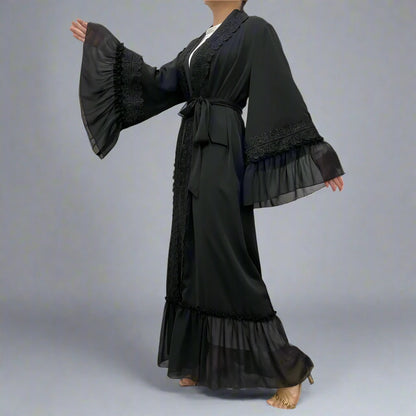 Robe Abaya ouverte brodée de fleurs pour femmes musulmanes