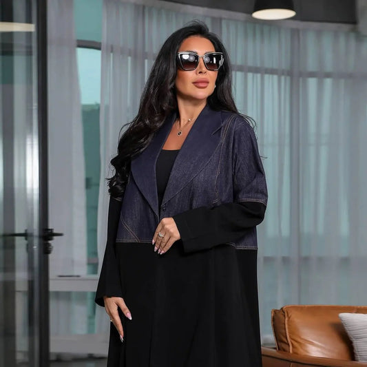 Robe Abaya ouverte en cardigan - Patchwork en denim - #25183