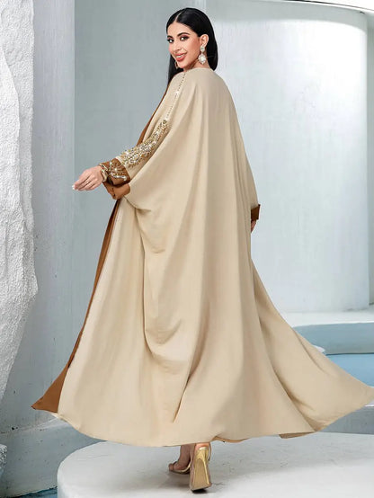 Robe Abaya ouverte brodée de strass cousue à la main #255032