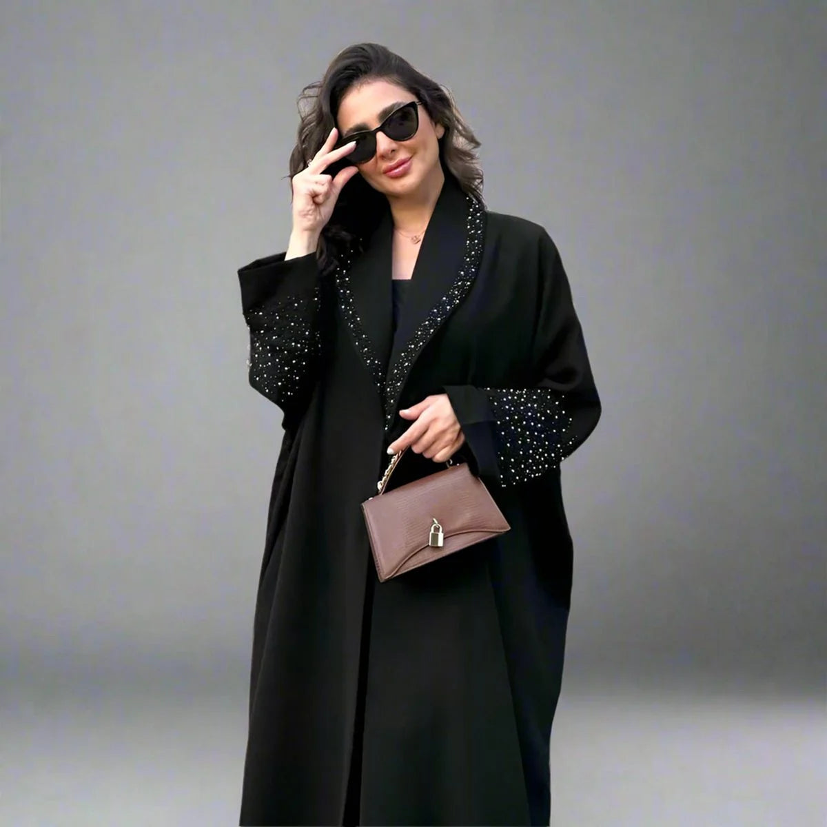 Robe abaya ouverte avec cardigan en strass Hotfix - Noir - #25206