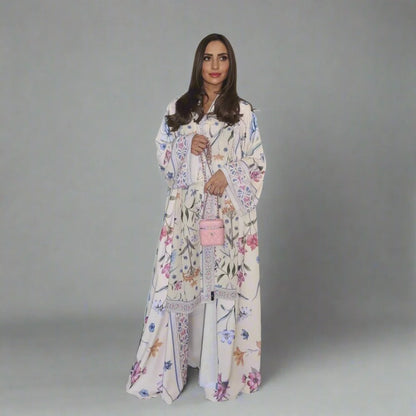Robe abaya ouverte en cardigan imprimé avec hijab assorti #25223