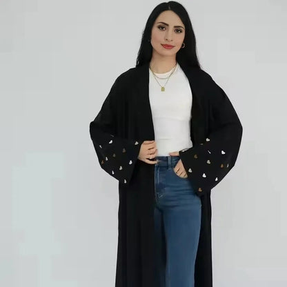 Robe Abaya ouverte avec cardigan Nida brodé en forme de cœur pour femmes musulmanes