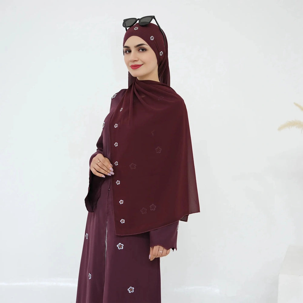 Robe Abaya ouverte brodée de luxe avec hijab assorti #251027