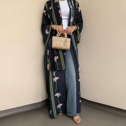 Muslim Women Dubai Printed Cardigan Open Abaya Dress With Matching Hijab #25237