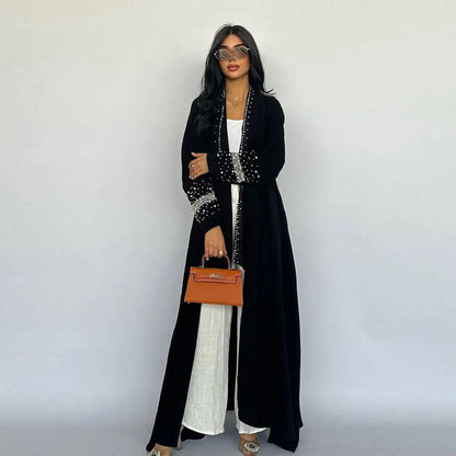 Avec Hijab Hotfix Strass Perles Cardigan Ouvert Robe Abaya