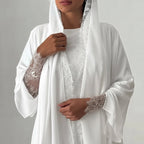Ensemble 2 pièces : cardigan en dentelle, robe abaya ouverte et hijab assorti #25221
