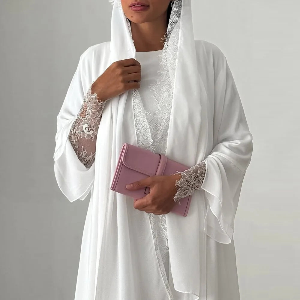 Ensemble 2 pièces : cardigan en dentelle, robe abaya ouverte et hijab assorti #25221