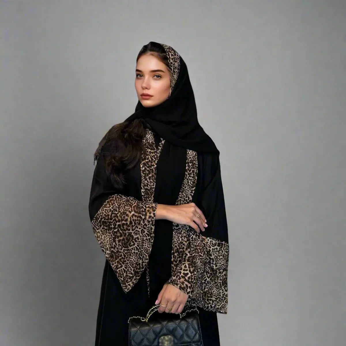 Robe abaya ouverte en cardigan imprimé léopard avec hijab assorti #25194