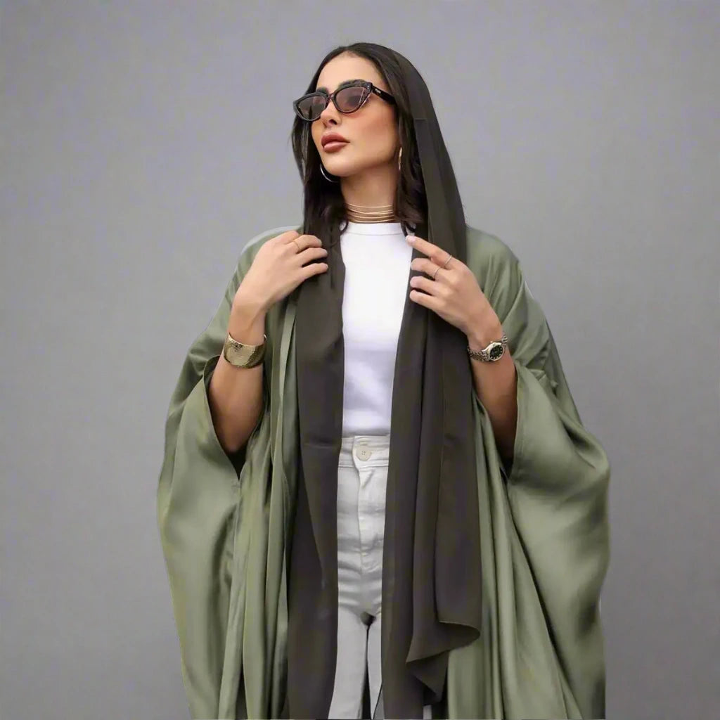 Robe Abaya ouverte à manches chauve-souris et cardigan Farasha de mode modeste
