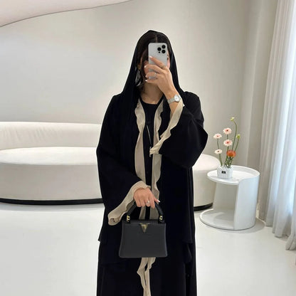 Robe Abaya ouverte en cardigan - Volants - Noir - #25179