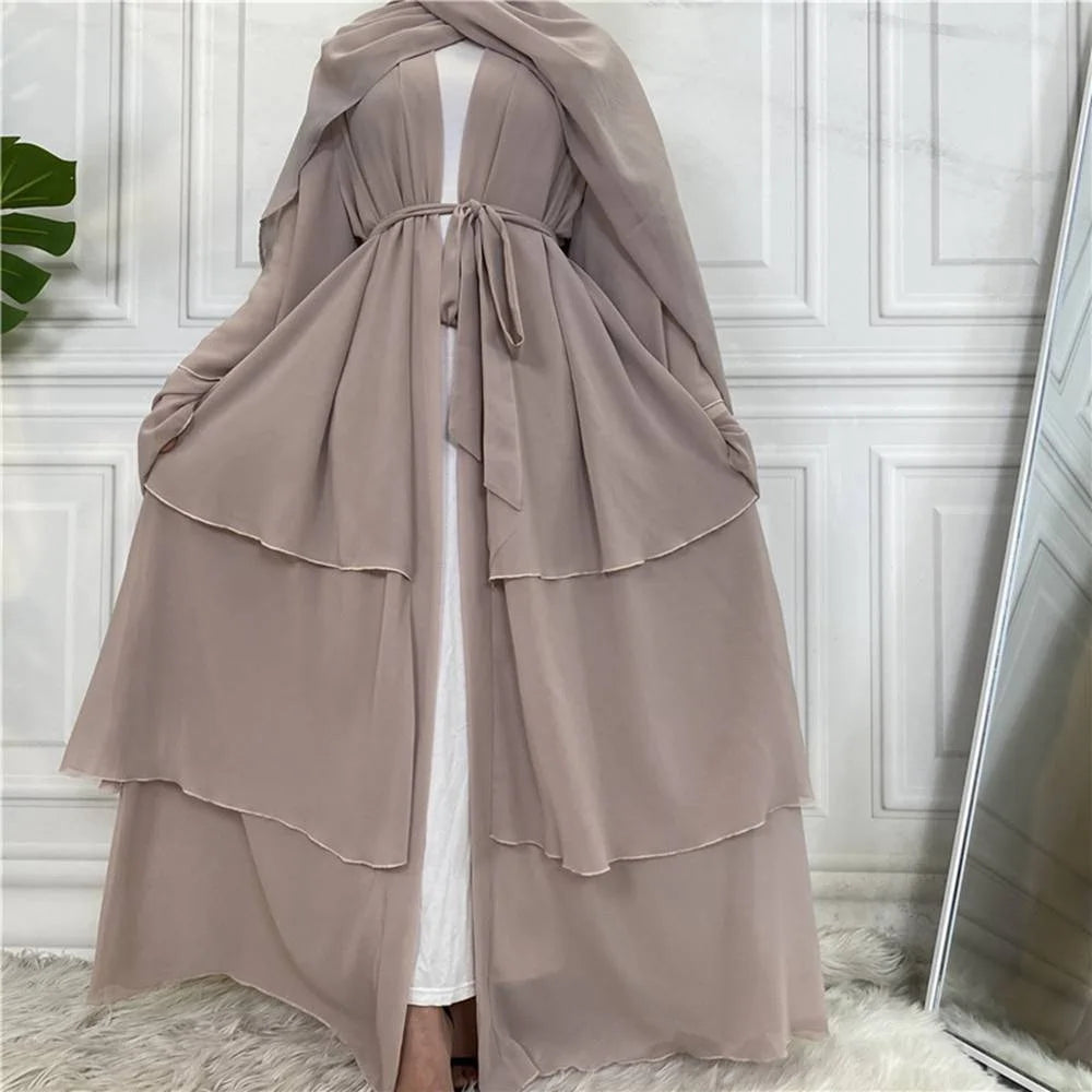 Robe abaya ouverte en mousseline de soie abricot à trois couches #25C1896
